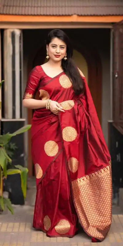 KP 5062 Maroon Color Soft Lichi Silk Jacquard On All Over Saree Casual, Party Wear, Wedding, Events Etc. Expected Delivery 4-6 Working Days @1299/- | Designer Sarees, Sarees, Bollywood Sarees, Creative Sarees, Embroidered Sarees, Ethnic Saree, Modern Digital sarees, Party Wear Sarees