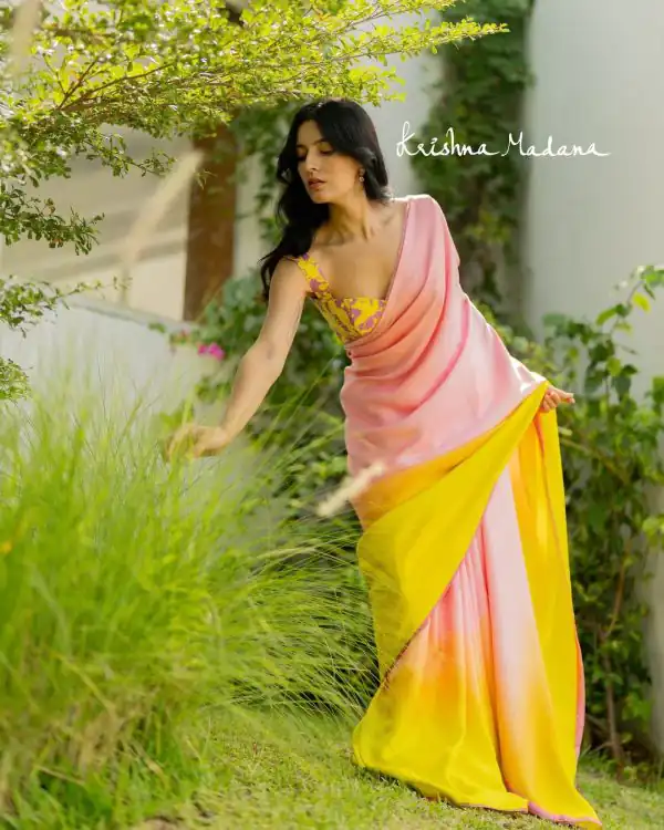Aglow Light Pink & Yellow Satin Silk Blouse Digital Print Saree