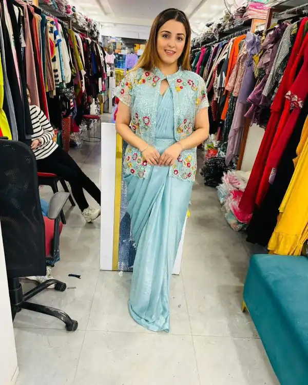 Beautiful Blue Color Chinon Silk Embroidered Sequence Saree