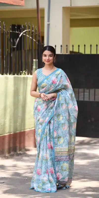 Classic Blue Color Linen Beautiful Digital Printed Work Saree