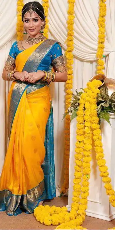 Dazzling Yellow Color Soft Lichi Silk Jacquard  All Over Saree