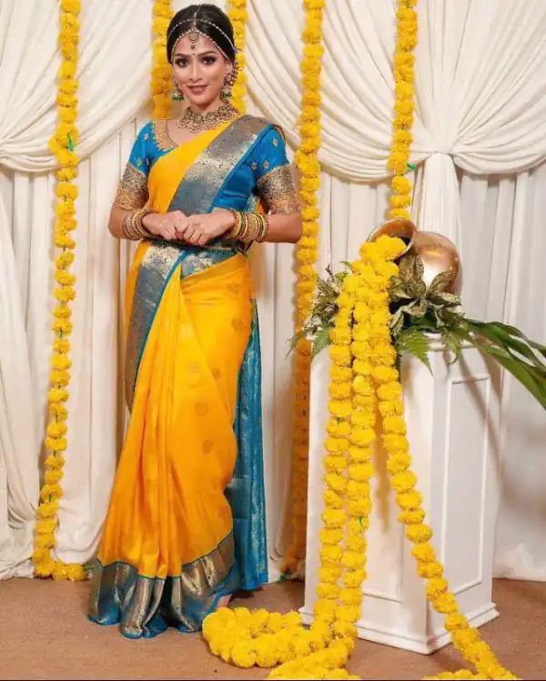 Dazzling Yellow Color Soft Lichi Silk Jacquard  All Over Saree