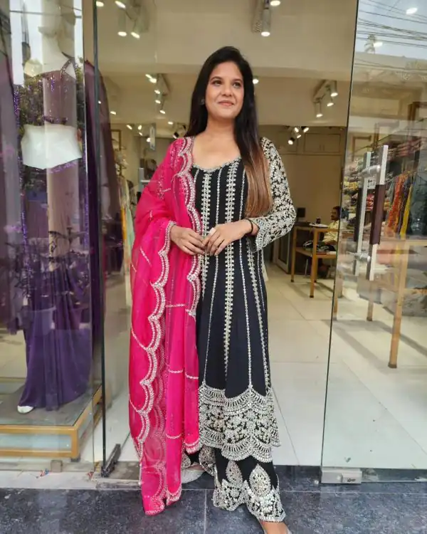 Elegant Black Color Chinon Silk Embroidery Sequence Salwar Suit
