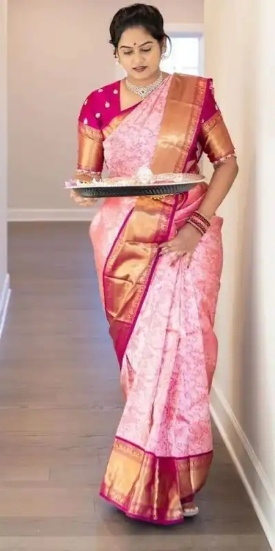 Elegant Pink Color Soft Silk Golden And Silver Zari Design Saree