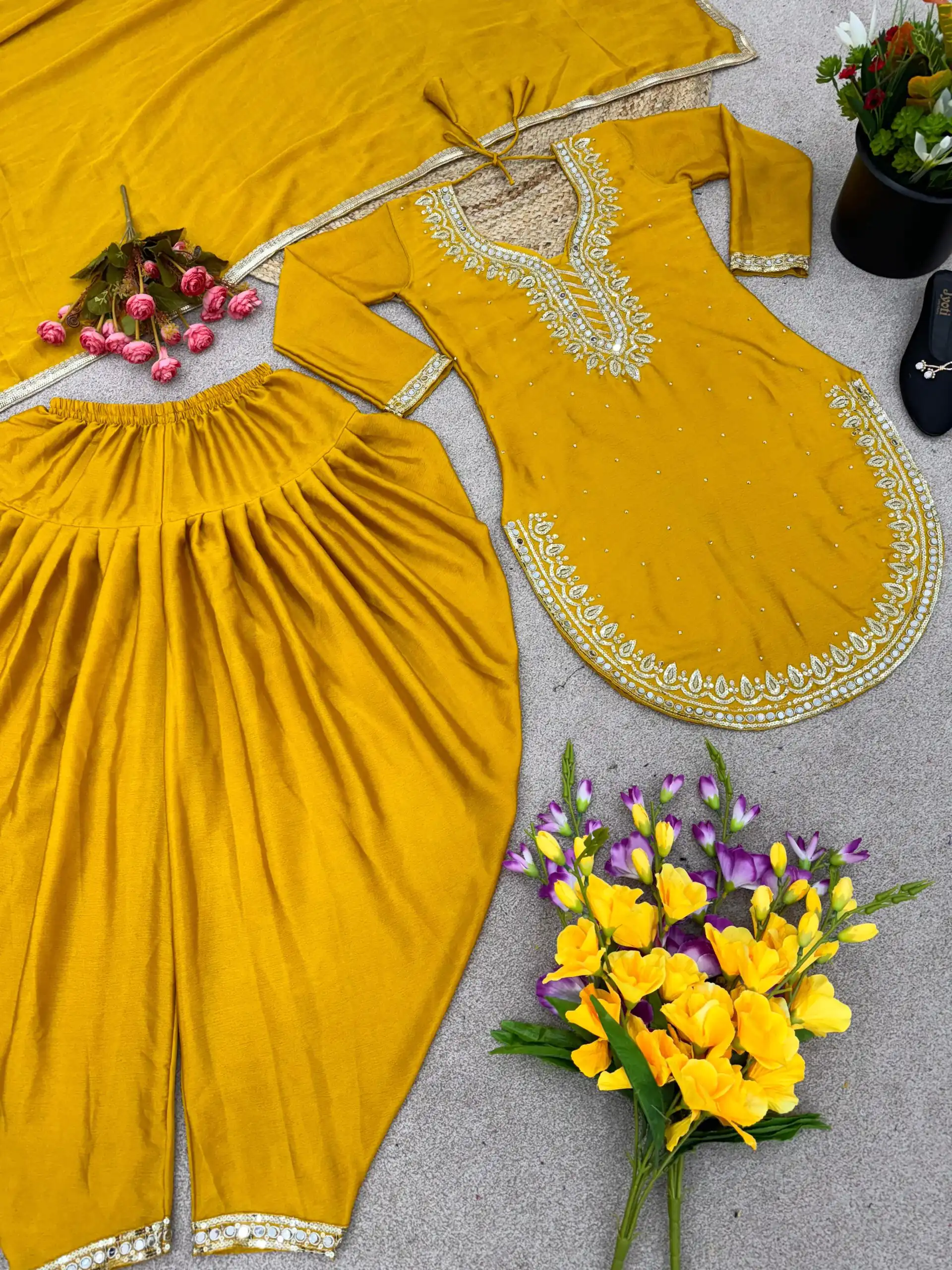 Exotic Yellow Color Pure Chinnon Embroidery Diamond Salwar Suit - Image 3