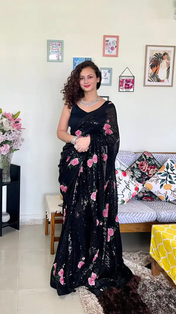 Fancy Black Color Georgette Sequence Multi Thread Work Saree