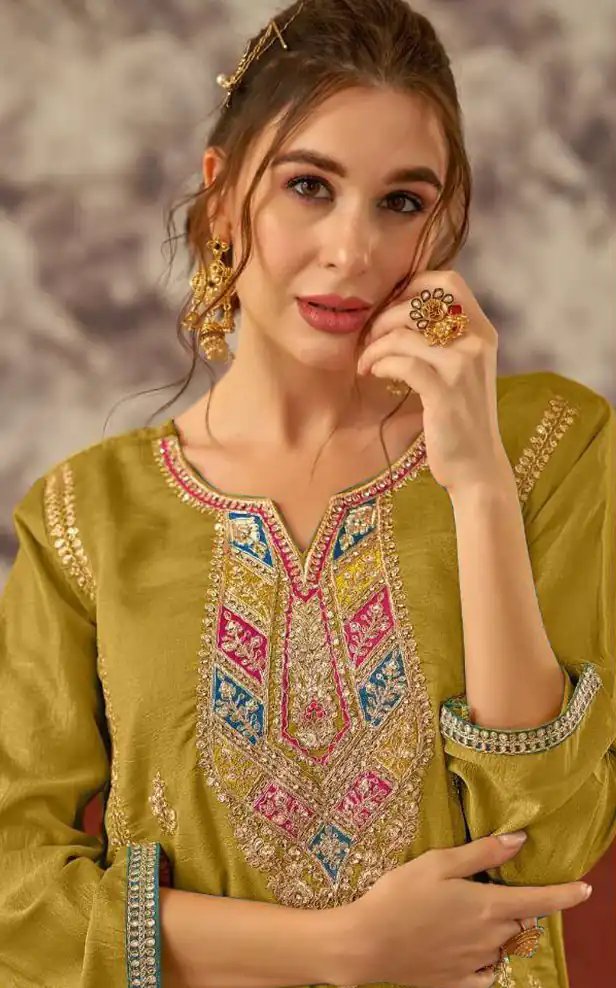 Fancy Mustard Vichitra Embroidery Codding Sequence Salwar Suit - Image 2