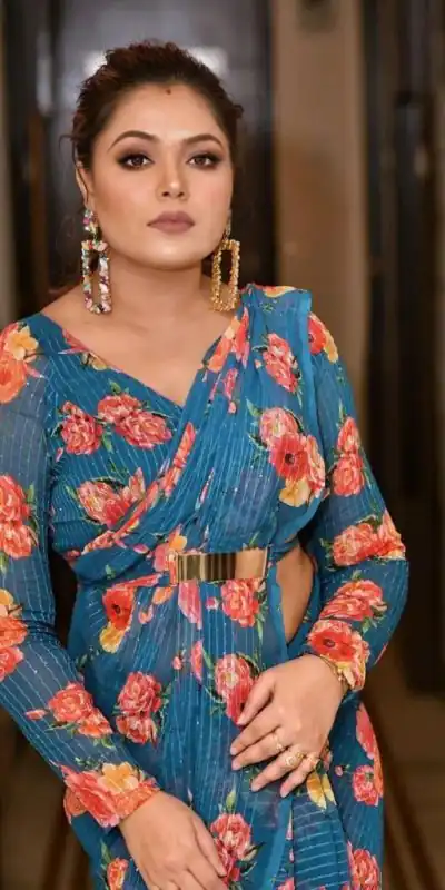Fancy Royal Blue Color Georgette Digital Printed All Over Saree