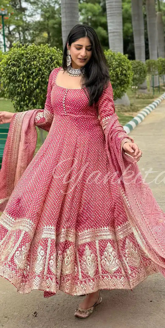 Fine Pink Color Georgette Material Digital Printed Anarkali Suit