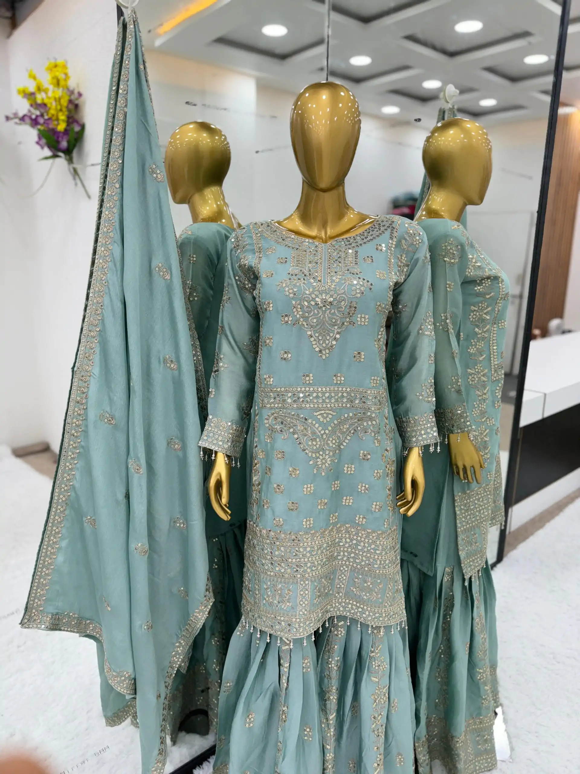 Glamorous Blue Color Chinnon Embroidery Sequence Salwar Suit - Image 2