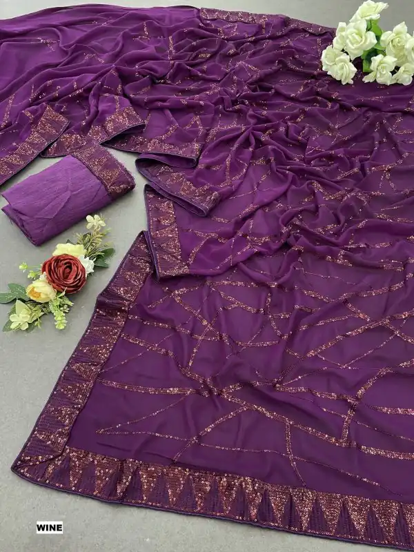 Glamorous Purple Color Georgette Sequins Embroidery Saree
