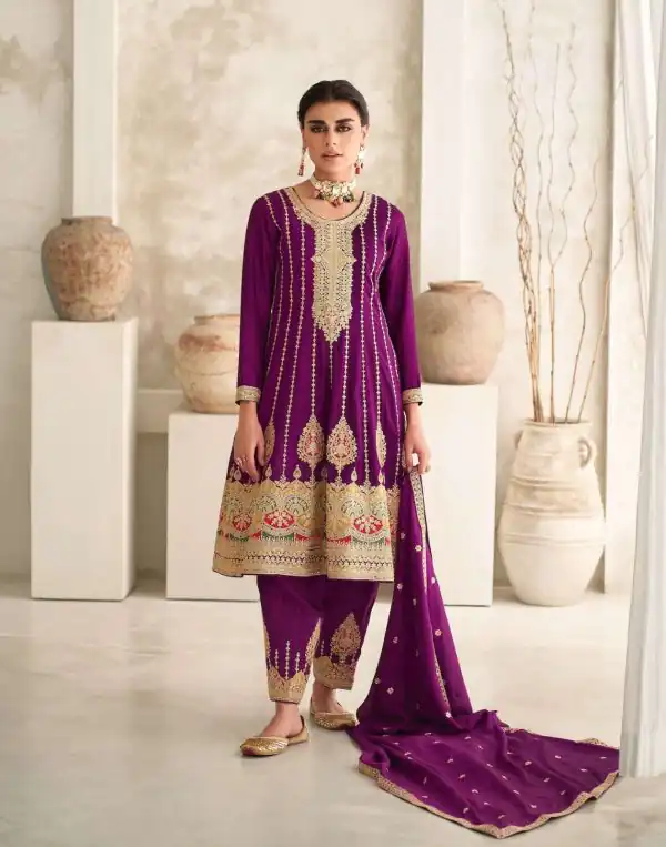 Glamorous Purple Premium Silk Embroidery Work Sharara Suit