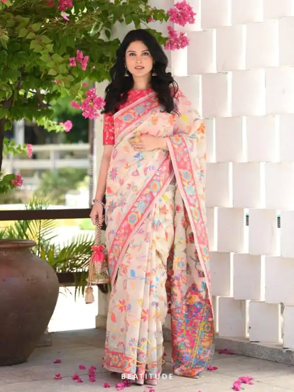 Graceful Cream Color Kashmiri Running Thread Zari Work Saree
