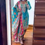 Grand Blue Color Chinnon Embroidery Sequence Sharara Suit