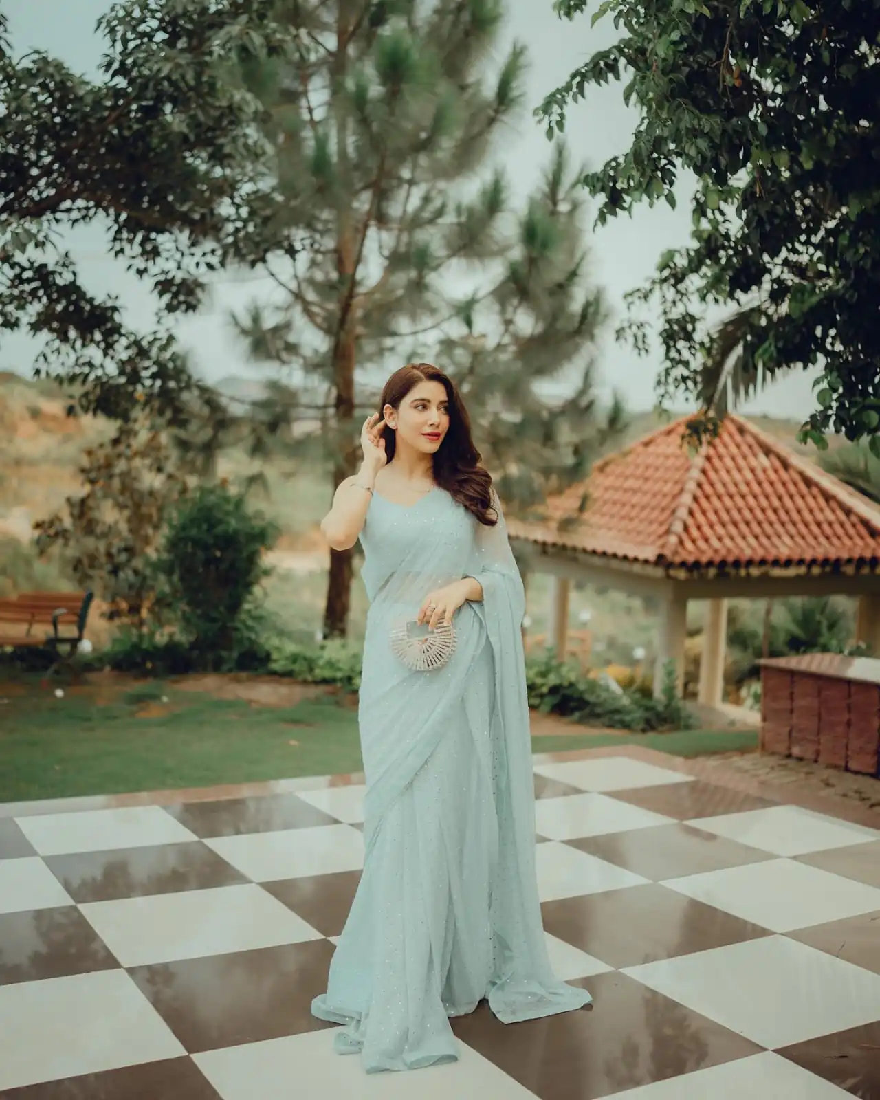 Grand Light Blue Color Georgette Sirvoski Support Lace Saree - Image 3