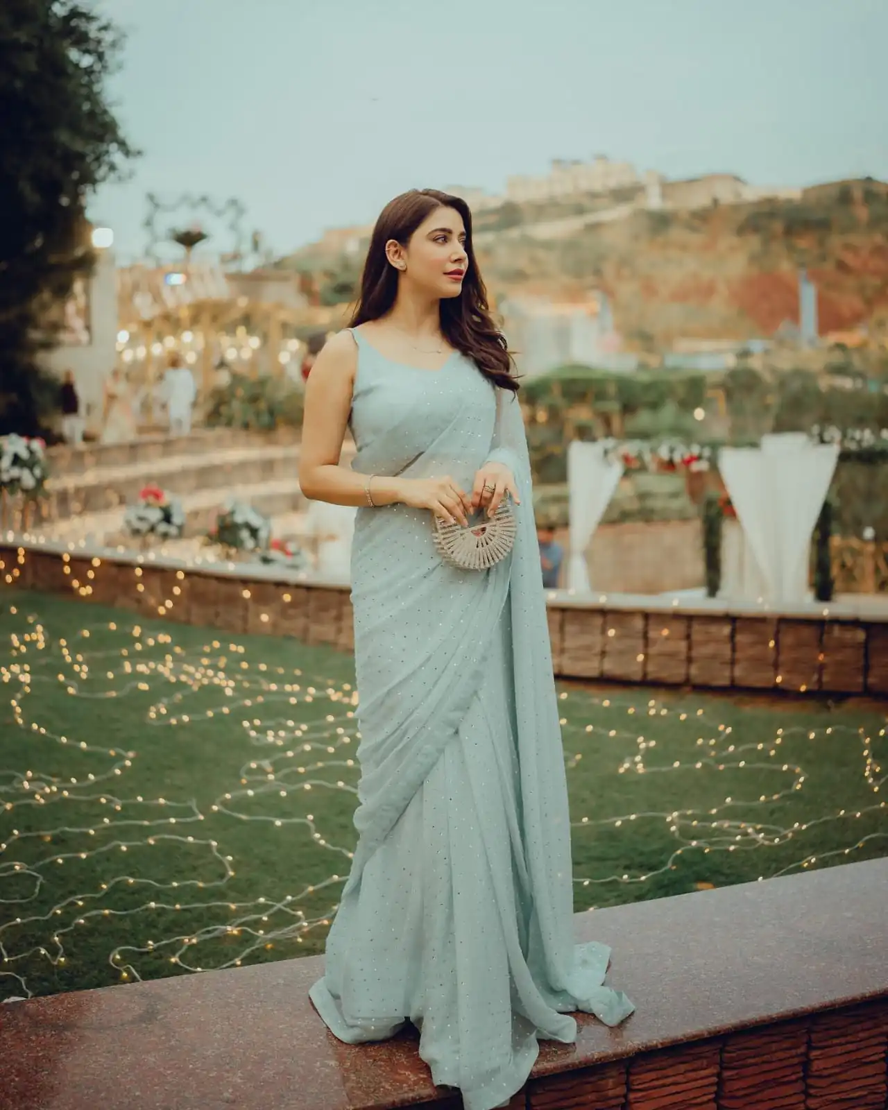 Grand Light Blue Color Georgette Sirvoski Support Lace Saree