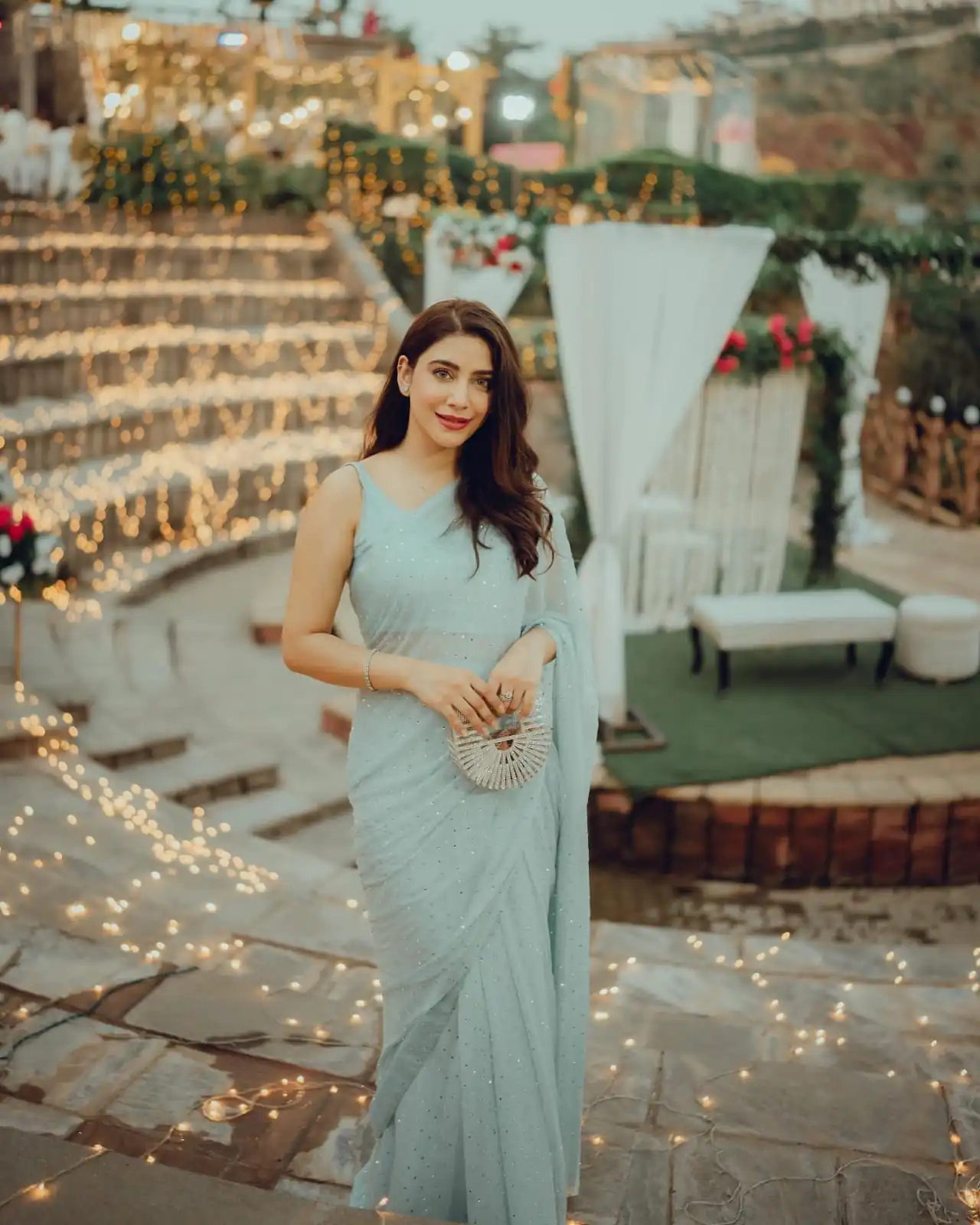 Grand Light Blue Color Georgette Sirvoski Support Lace Saree - Image 4