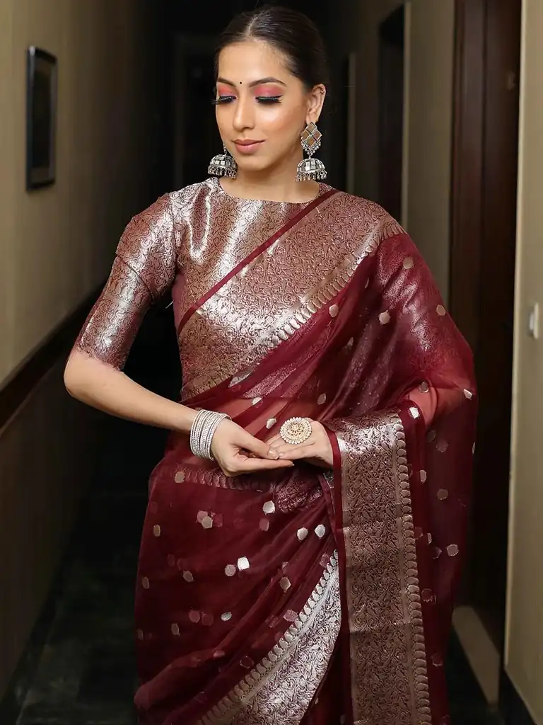 Grand Maroon Color Organza Jacquard Butti Worked Saree - Image 2