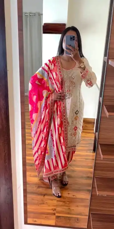 Grand White Color Chinnon Embroidery Sequence Sharara Suit