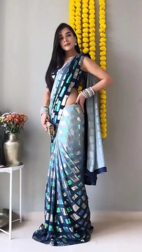 Magnificent Blue Color Faux Georgette Sequence Work Saree