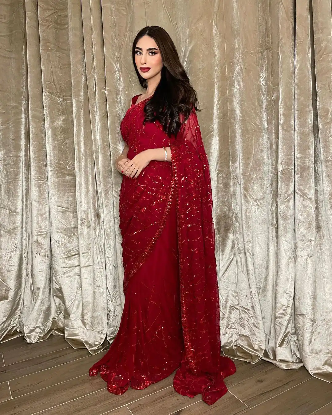Majestic Red Color Georgette Embroidery Sequence Piping Saree