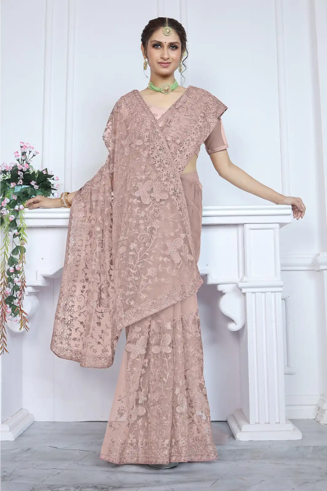 Mystical Brown Butterfly Net Embroidery Sequence Saree