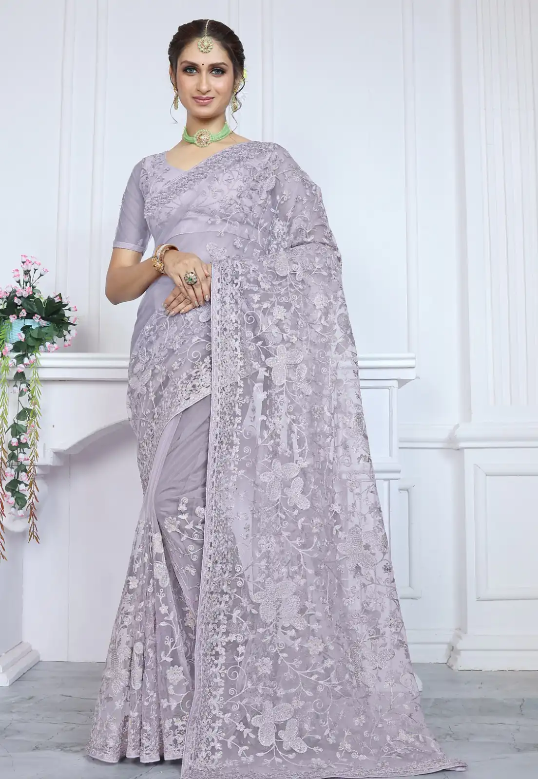 Mystical Light Purple Butterfly Net Embroidery Sequence Saree
