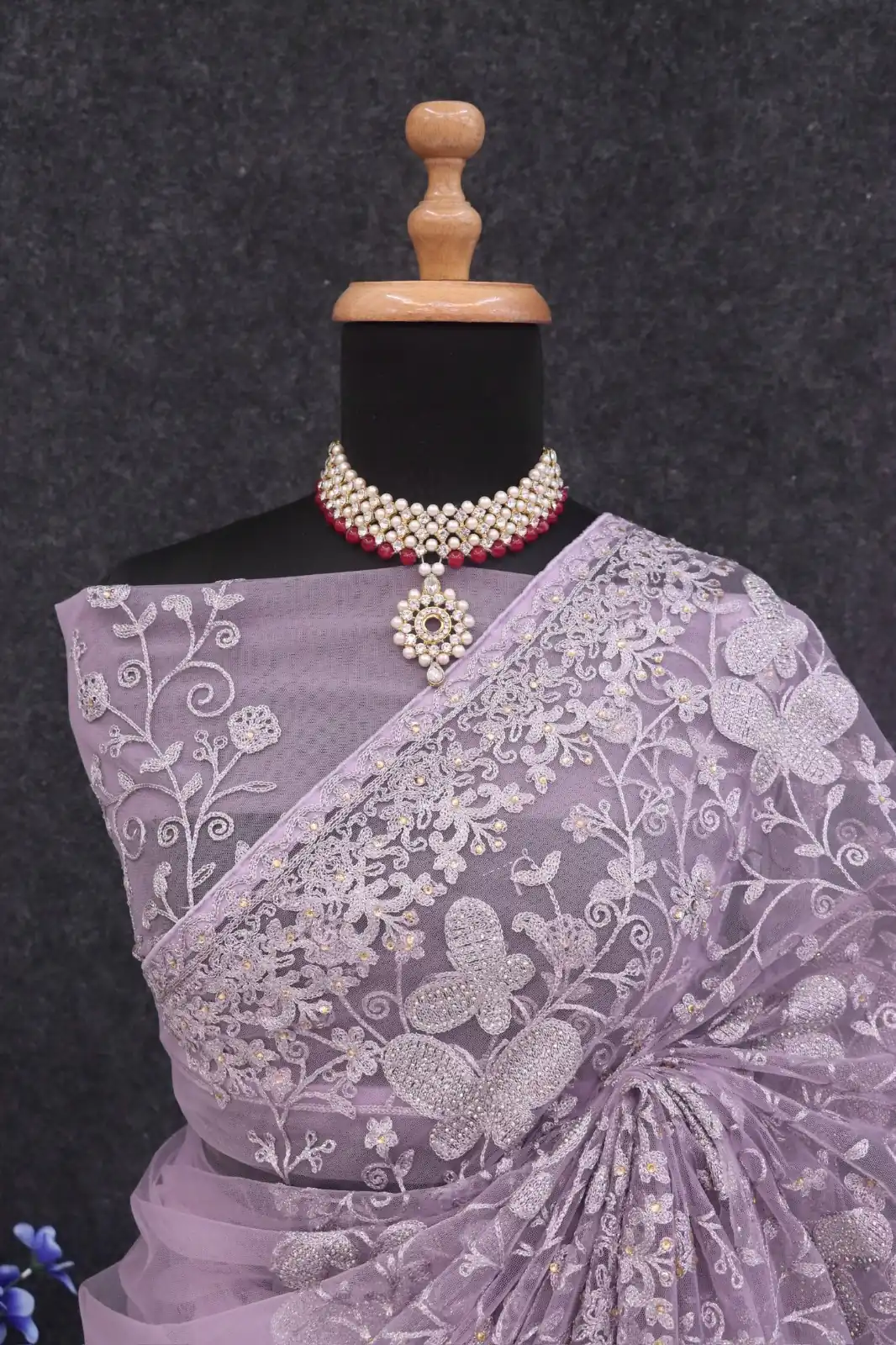 Mystical Light Purple Butterfly Net Embroidery Sequence Saree - Image 3