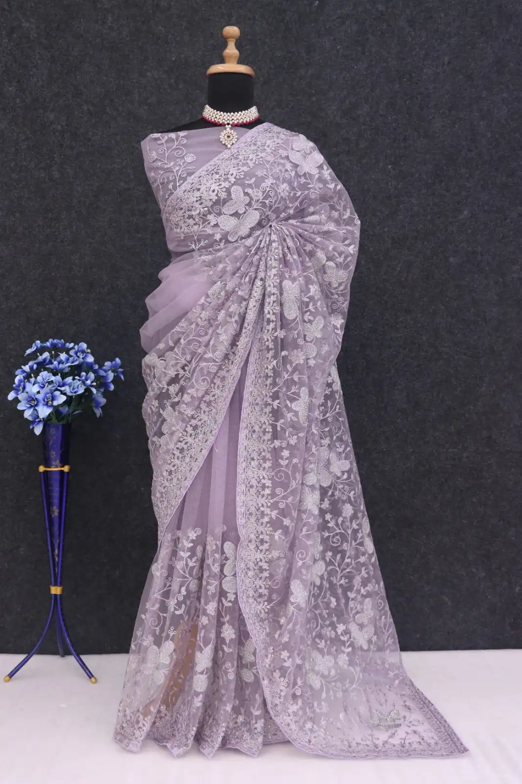 Mystical Light Purple Butterfly Net Embroidery Sequence Saree - Image 2