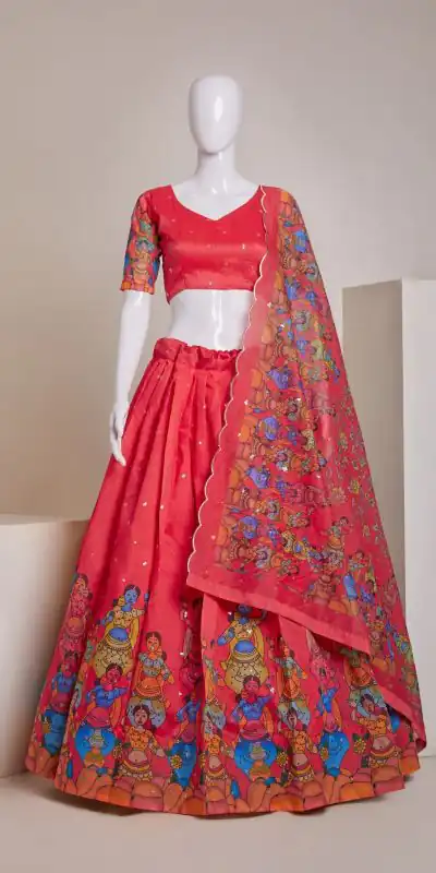 Nice Red Silk Embroidery Sequins Amazing Print Lehenga Choli
