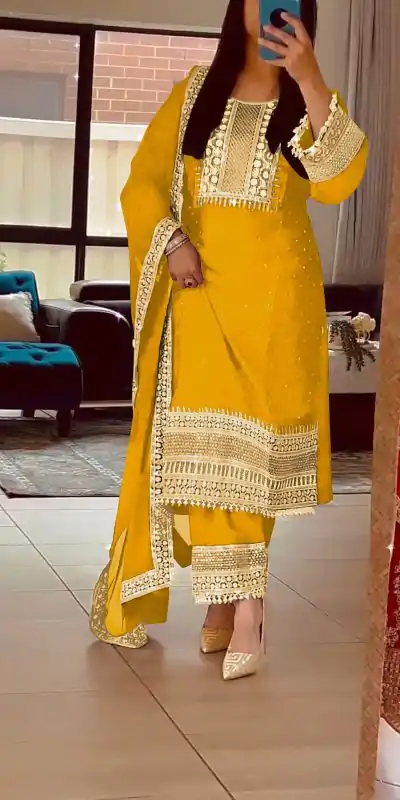 Nice Yellow Color Chinnon Silk Embroidery Sequence Salwar Suit