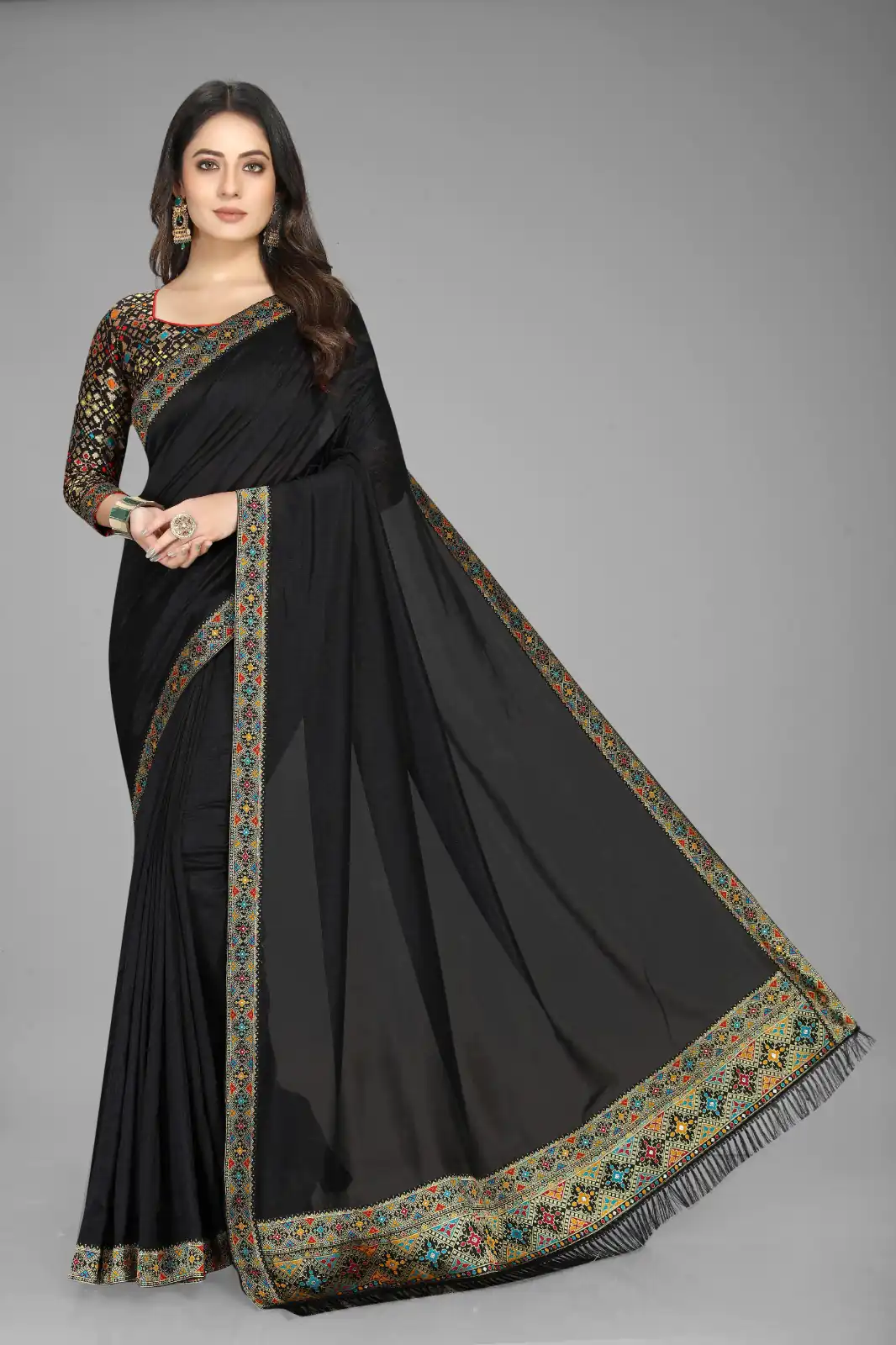 Perfect Black Color Vichitra Silk  Rich Pallu Jacquard Border Saree