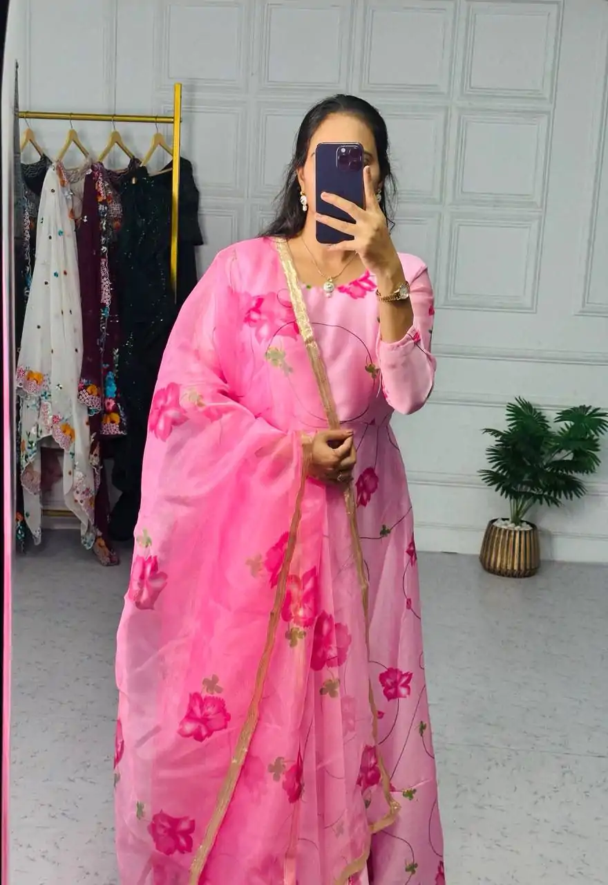 Perfect Pink Color Satin Georgette With Digital Print Anarkali Suit - Image 4