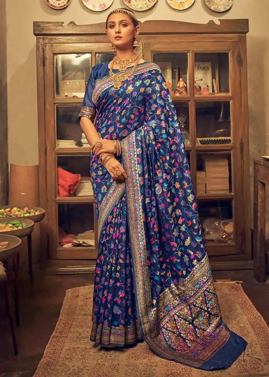 Perfect Royal Blue Color Kashmiri Running Thread Zari Saree