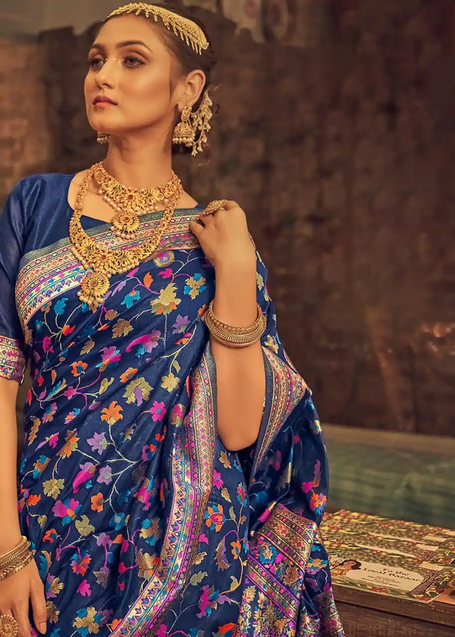 Perfect Royal Blue Color Kashmiri Running Thread Zari Saree - Image 2