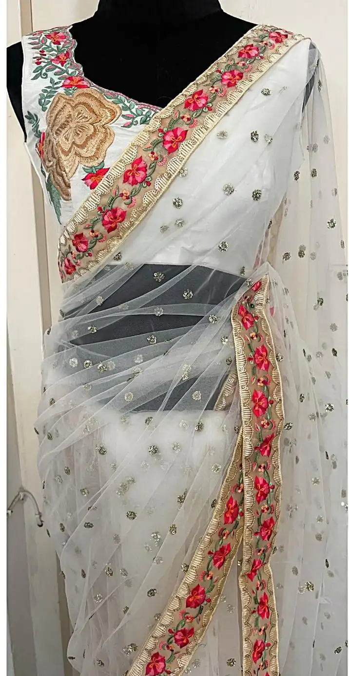 Perfect White Color Nylon Butterfly Net Thread & Zari Work Saree - Image 2