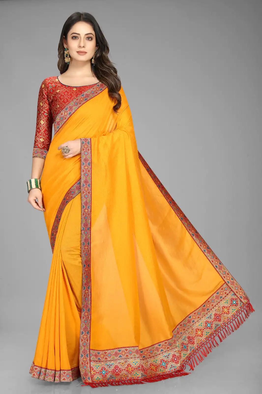Perfect Yellow Color Vichitra Silk  Rich Pallu Jacquard Border Saree