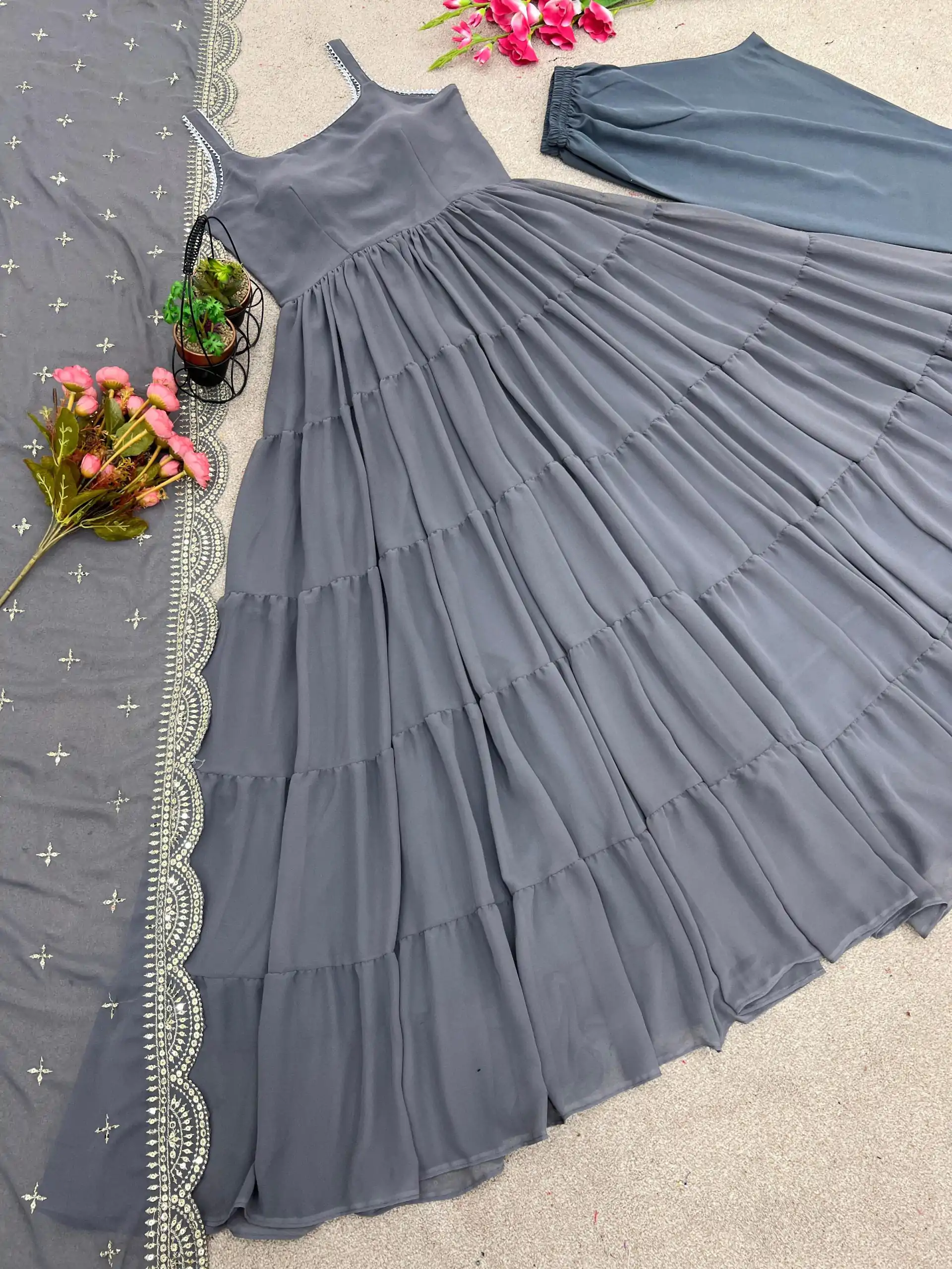 Pretty Grey Color Chinon Embroidery Sequence Anarkali Suit - Image 2