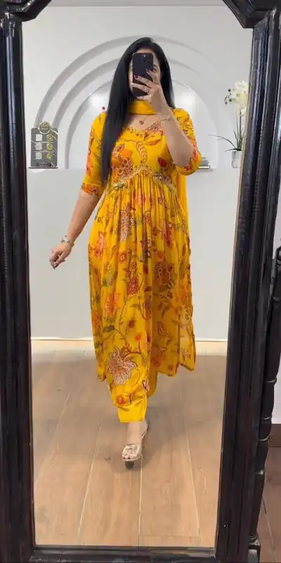 Pretty Mustard Chinon Printed & Sequence Embroidery Salwar Suit