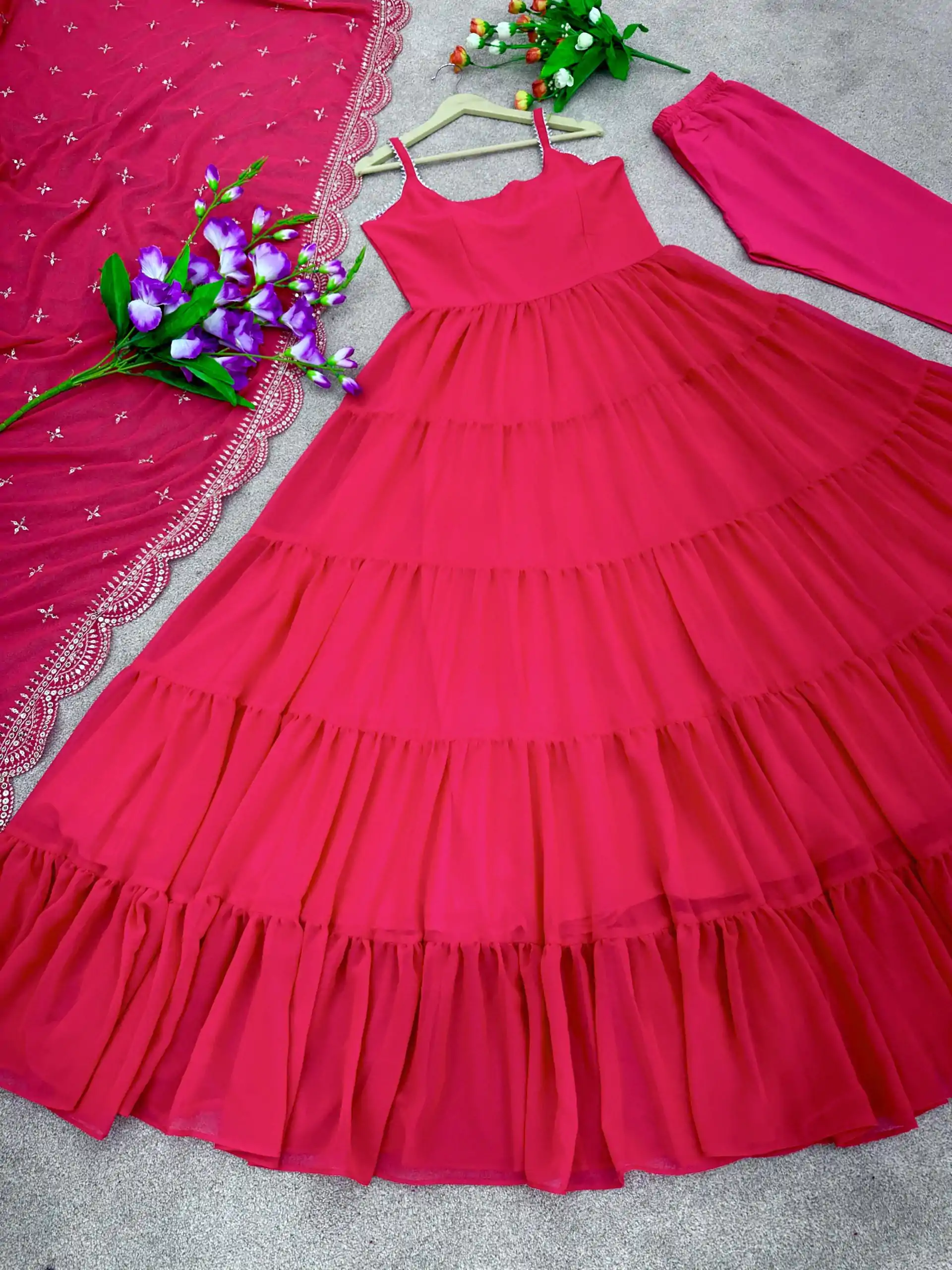 Pretty Pink Color Chinon Embroidery Sequence Anarkali Suit - Image 2