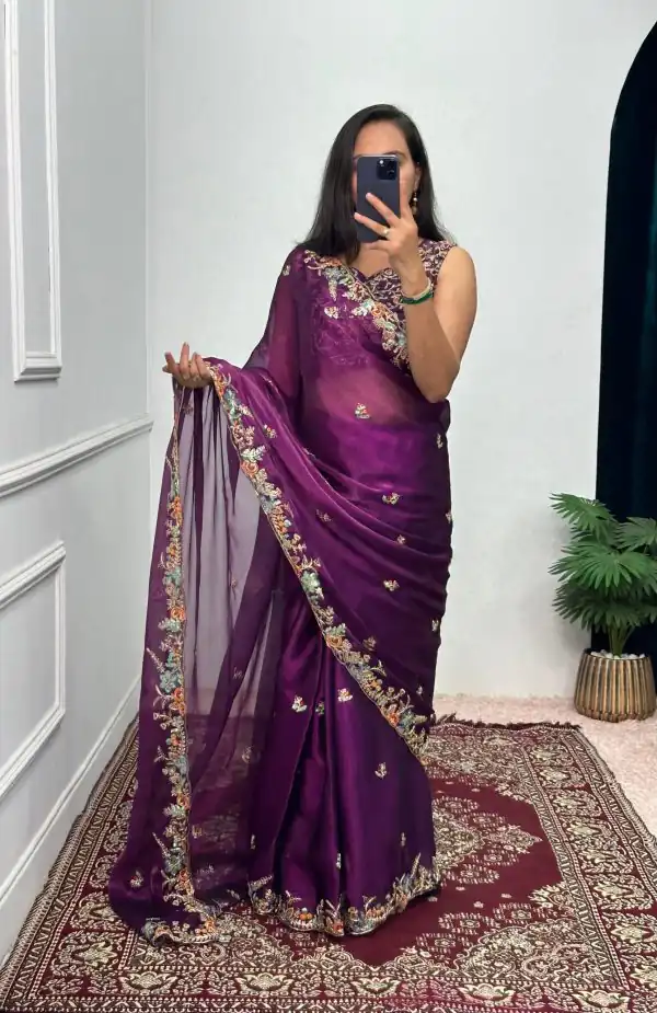 Pretty Purple Color Burberry With Blooming Embroidery Saree