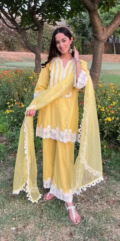 Special Yellow Color Chine Stitched Less Work Salwar Suit
