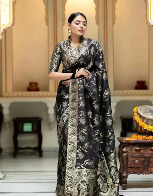 Splendorous Black Color Soft Lichi Silk Jacquard On All Over Saree