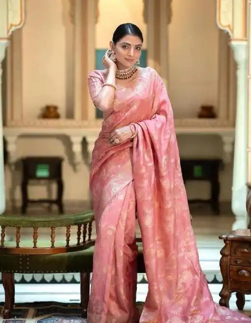 Splendorous Peach Color Soft Lichi Silk Jacquard  All Over Saree