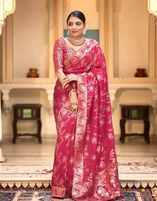 Splendorous Pink Color Soft Lichi Silk Jacquard On All Over Saree
