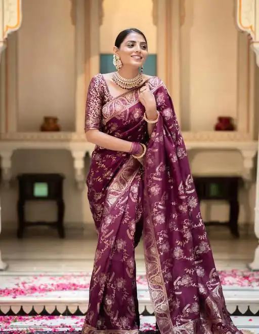Splendorous Wine Color Soft Lichi Silk Jacquard  All Over Saree