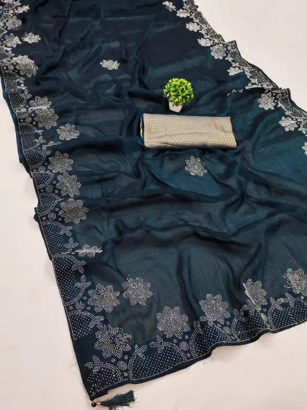 Stylish Blue Black Ket Embellished Swarovski Diamond Saree