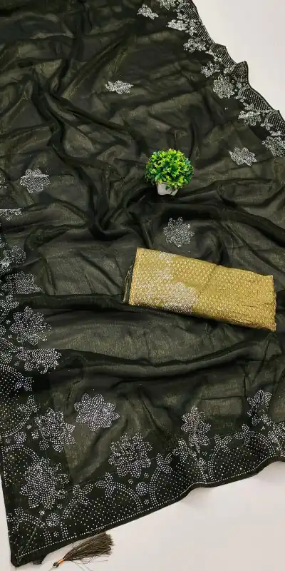 Stylish Mehndi Black Ket Embellished Swarovski Diamond Saree