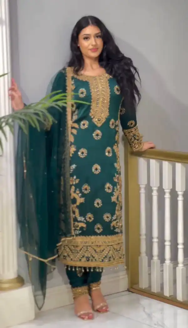 Sublime Blue Color Chinnon Silk Embroidery Sequence Salwar Suit