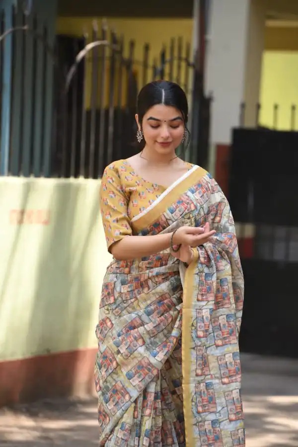 Sublime Cream Color Linen Beautiful Digital Printed Work Saree